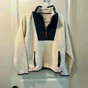 J Crew Ivory and navy blue quarter zip pullover with a pop of pink  size small